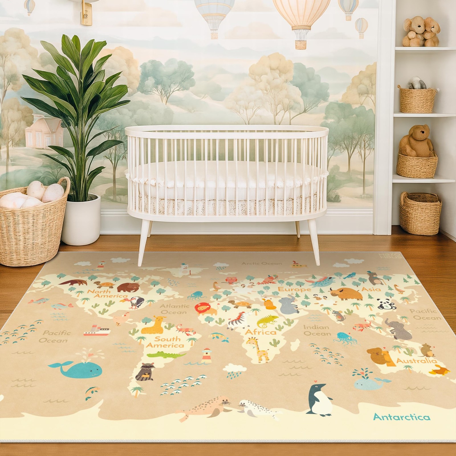 Kids Bedroom Rug with World Map & Animals – 4×6 Educational Washable Play