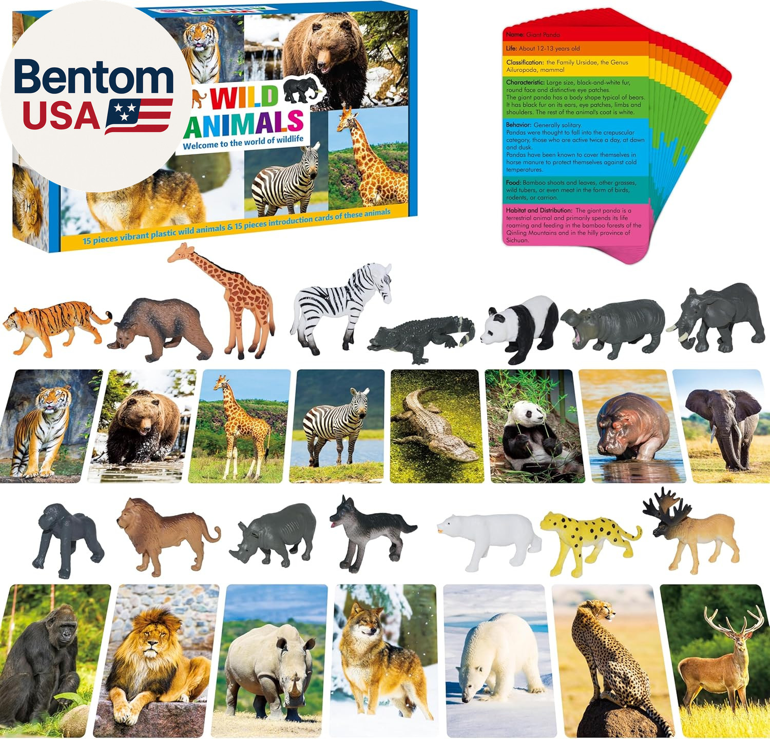 15 PCS Safari Animal Figurines with 15 Introducing Flashcards, Realistic Zoo Ani