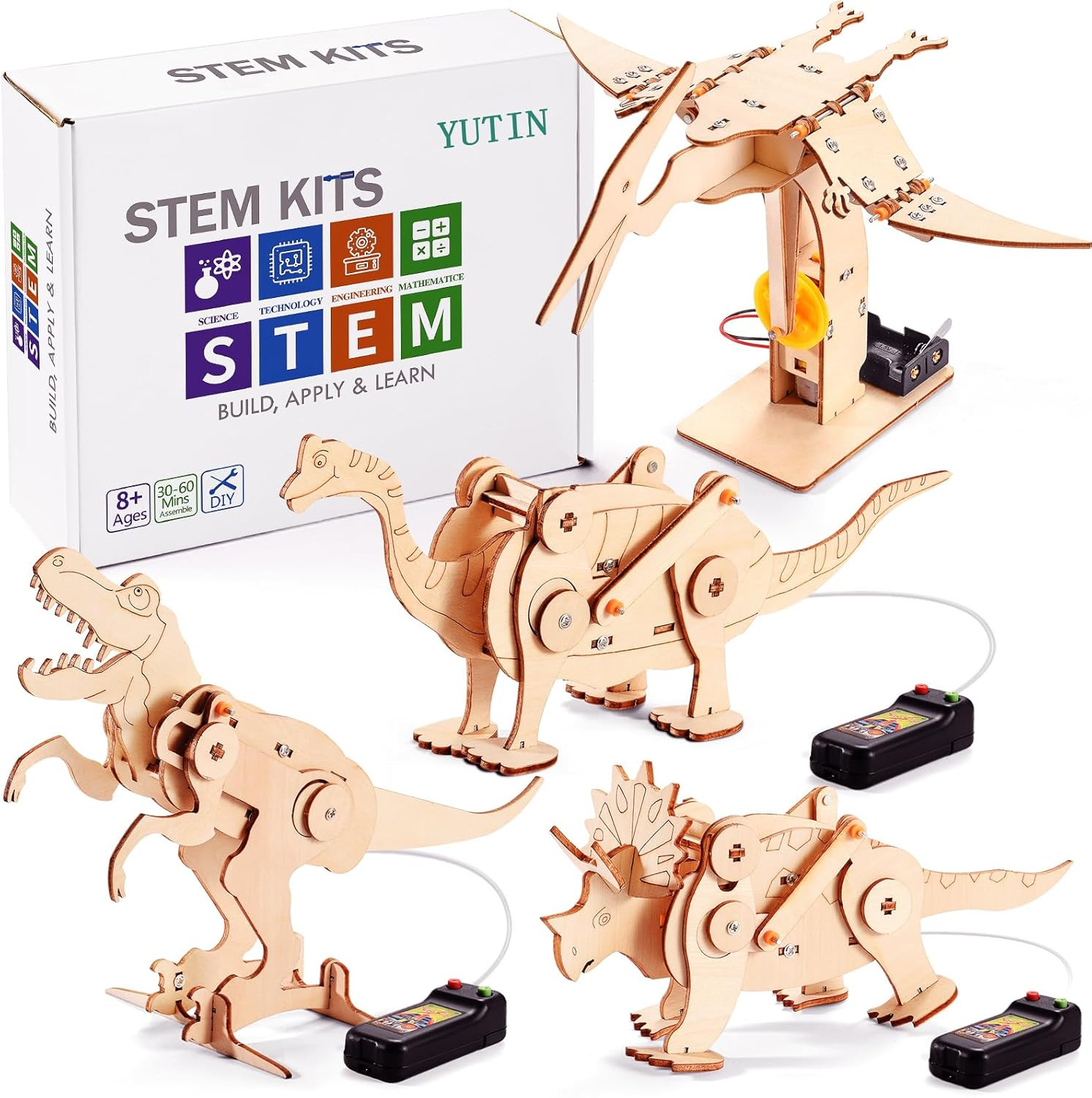 Dinosaur STEM Kits for Kids Ages 6-8-10-12, 4 in 1 Wood Building Toys for Boys A