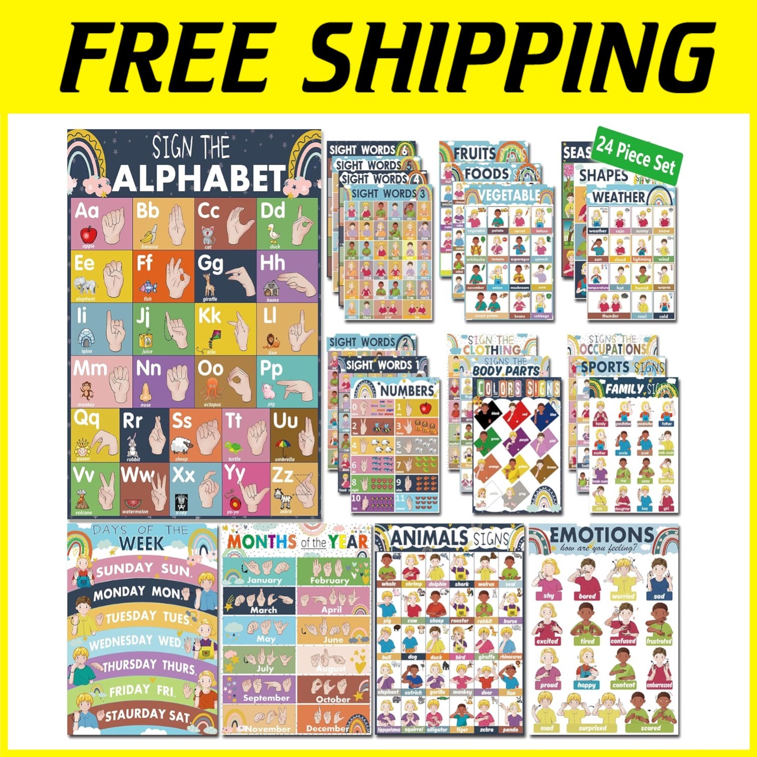24 ASL Posters for Kids – Alphabet, Numbers, Colors, Seasons