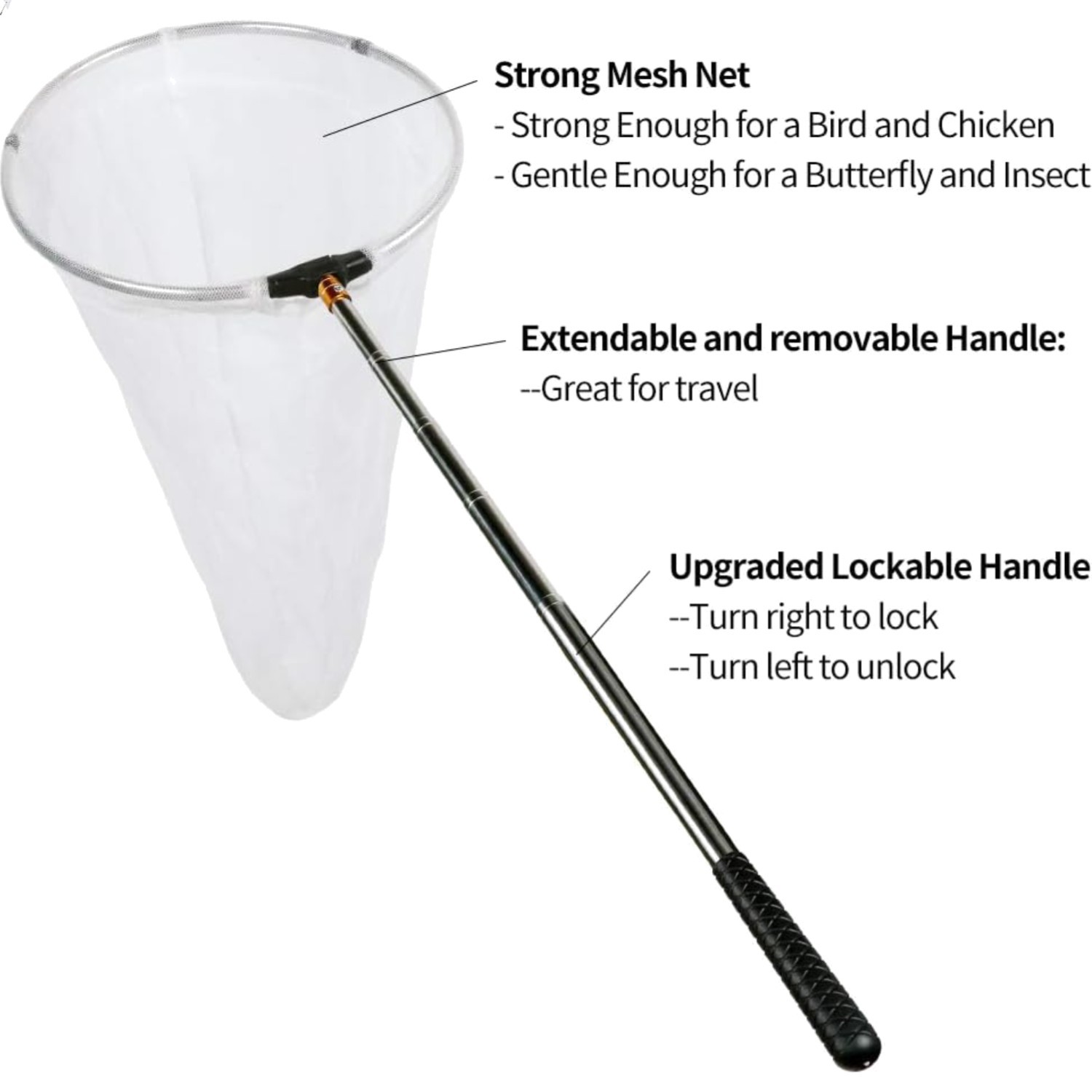 Foldable Professional Butterfly Net – 12″ Ring, 24″ Deep, Lightweight Design