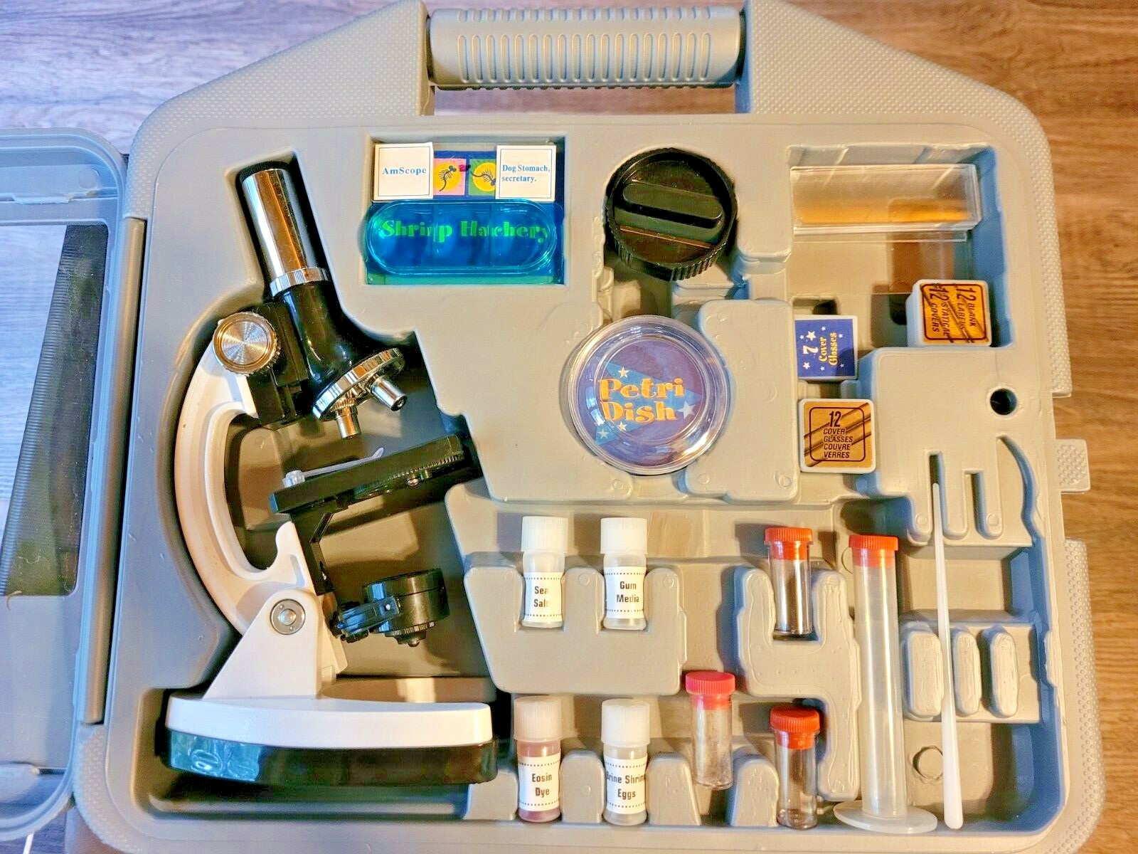Microscope Set 300X 600X 1200X Science AmScope 25 Prepared Slides Case