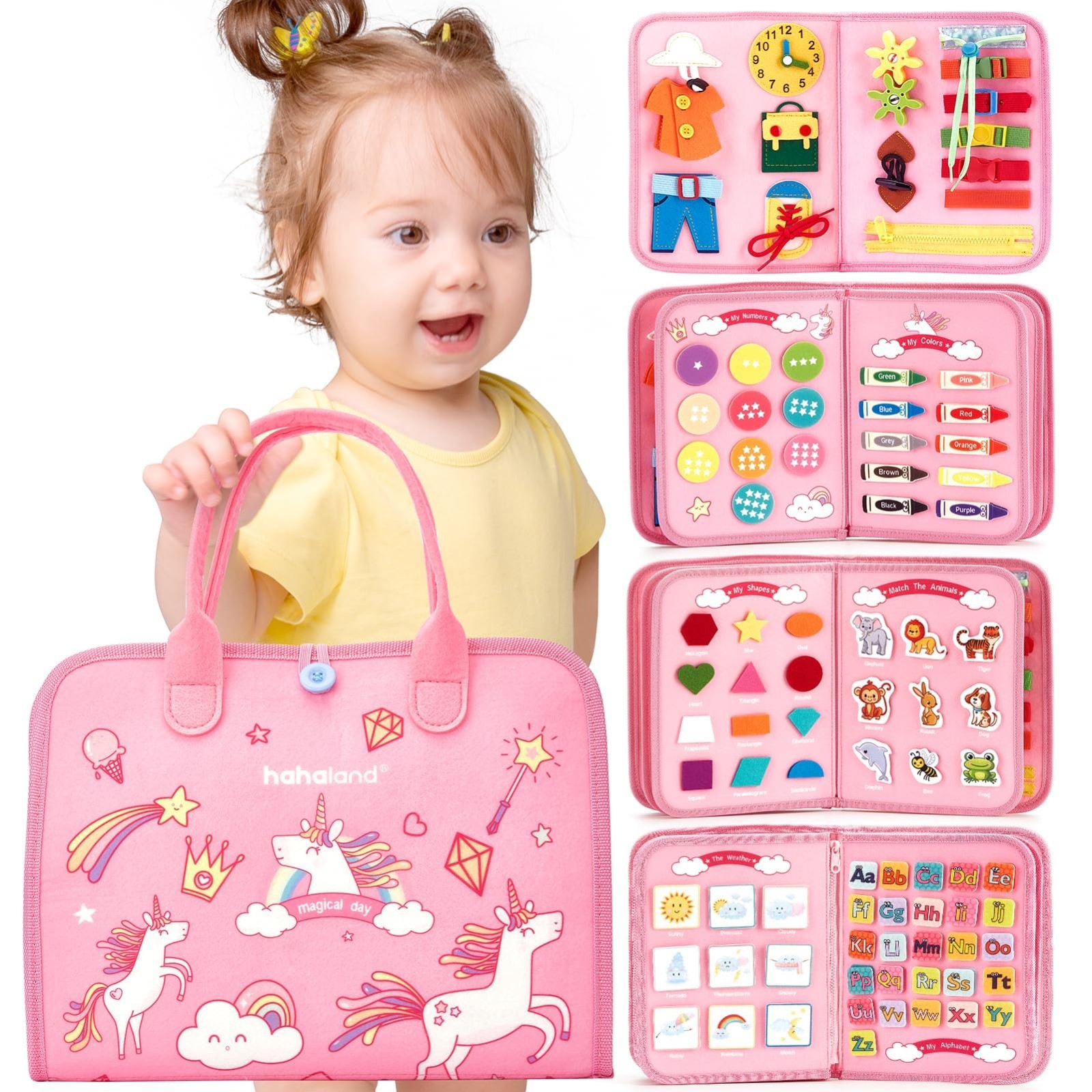 hahaland Pink Unicorn Toddler Busy Board Book – Letters Numbers Shapes Clock