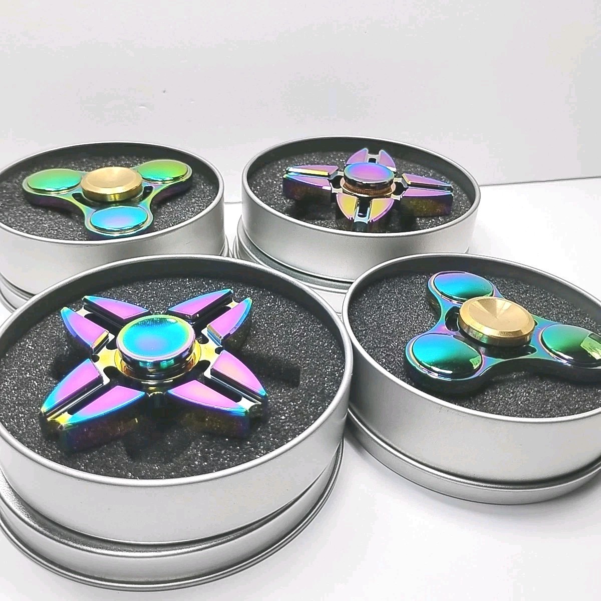 Rainbow Iridescent Metal Fidget Spinners Lot of 4 Brand New Heavy Duty With Case
