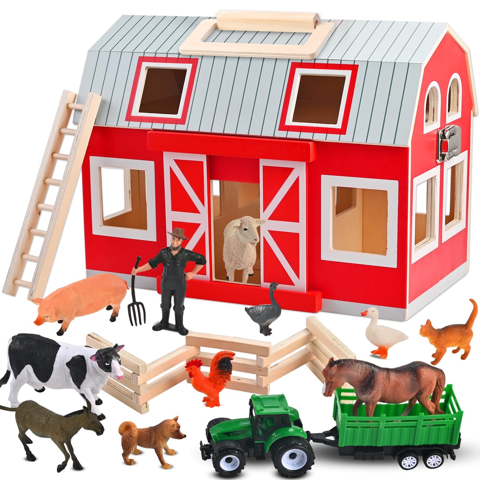 Wooden Barn Toys with 12 Animal Play Figures for 3+ Years Old Playset