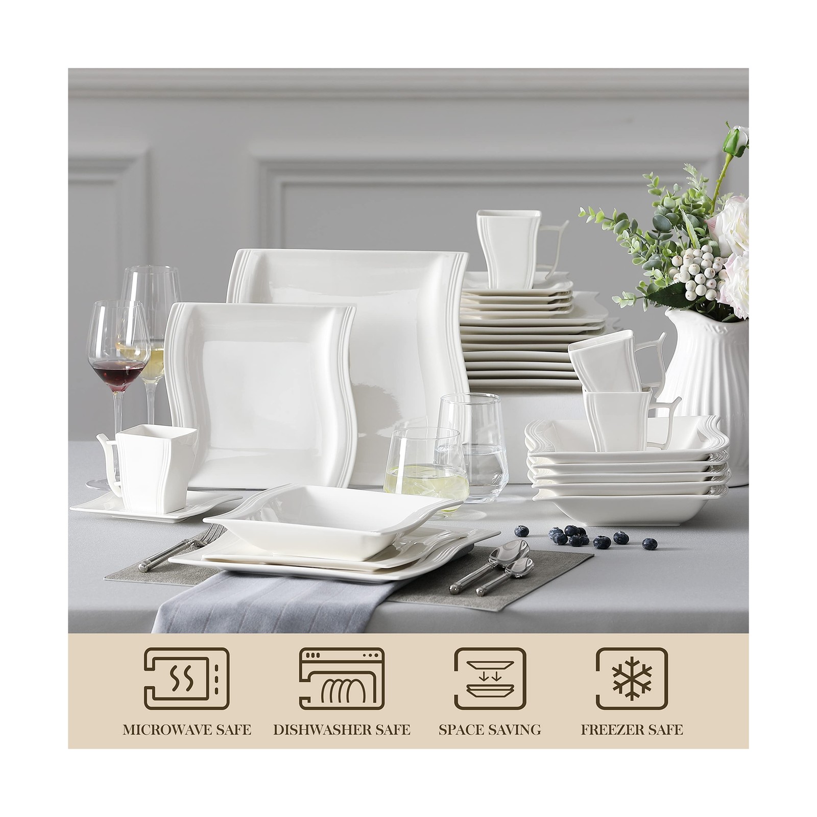 MALACASA Ivory White Dinnerware Sets, 30-Piece Porcelain Plates and Bowls Set…