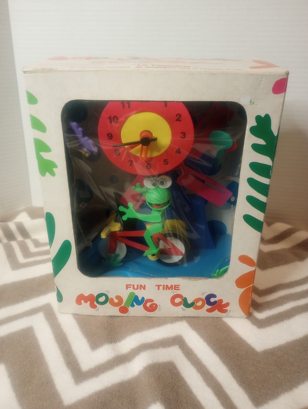 La Fantaisie Fun Time Moving Clock Toy Frog On Bicycle In Box Collector Vtg