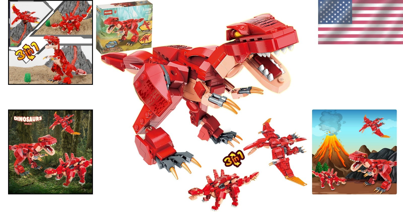 Creative 287PCS Dinosaur Building Set – T-Rex, Pterodactyl, Stegosaurus for Kids