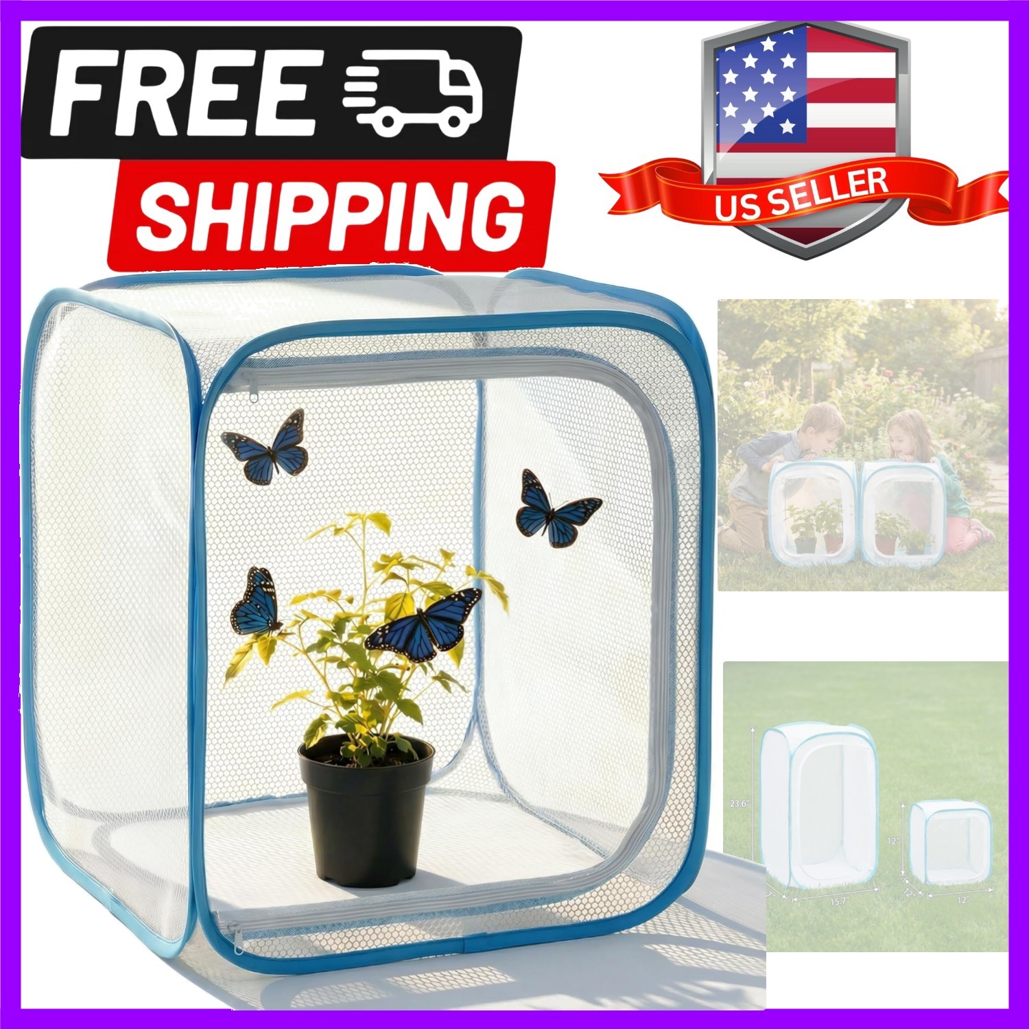 Insect & Butterfly Habitat Cage, Portable Pop-Up Terrarium with Mesh Sides, B…