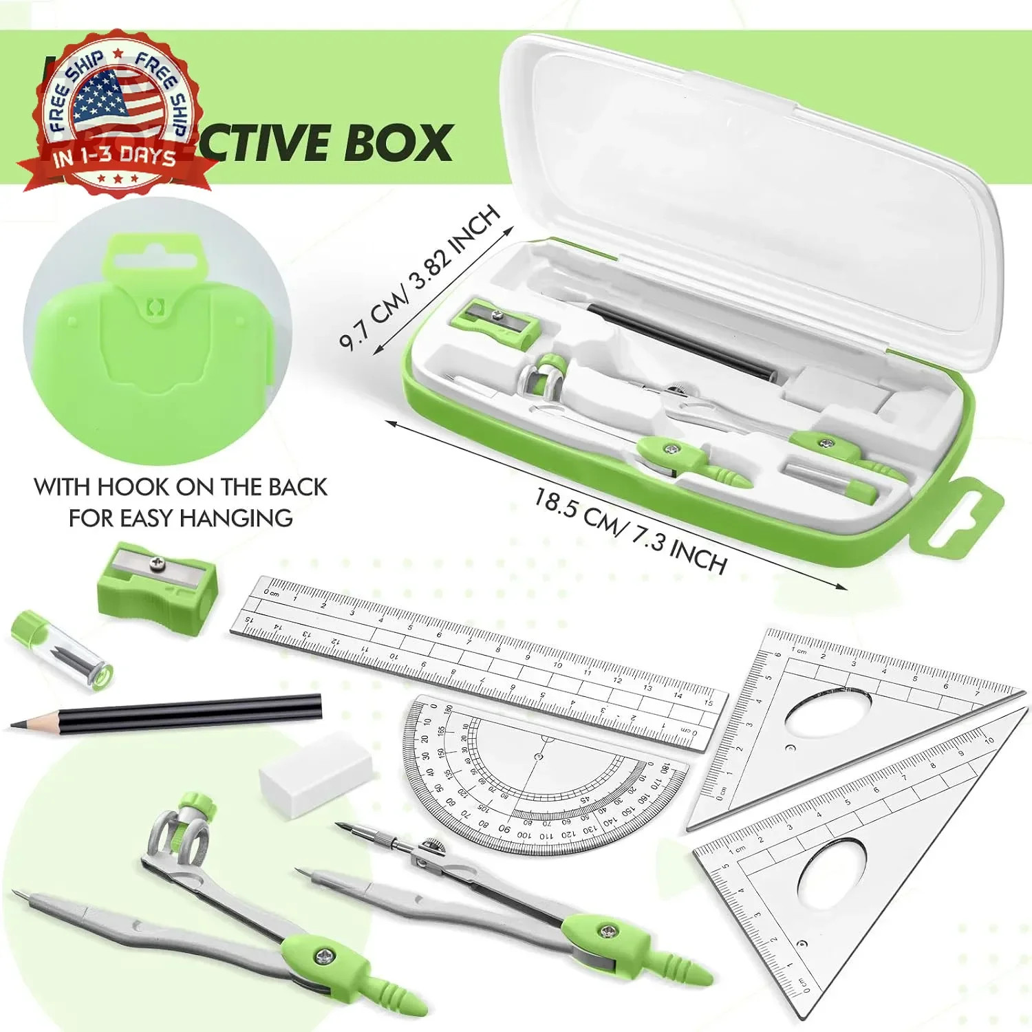 Zonon Math Geometry Set 10 Pcs Student Supplies with Shatterproof Storage Box, I