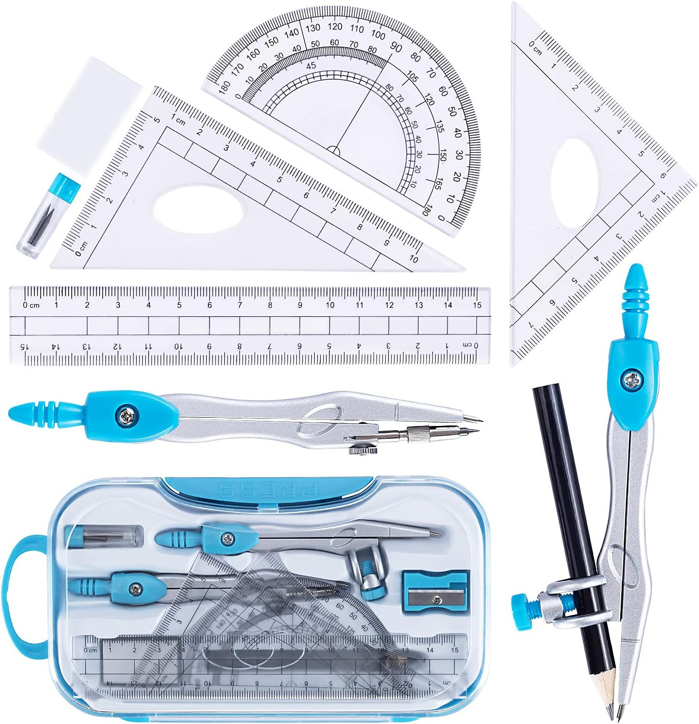 Math Geometry Kit Set 10 Pieces with Shatterproof Storage Box, Student Supplies