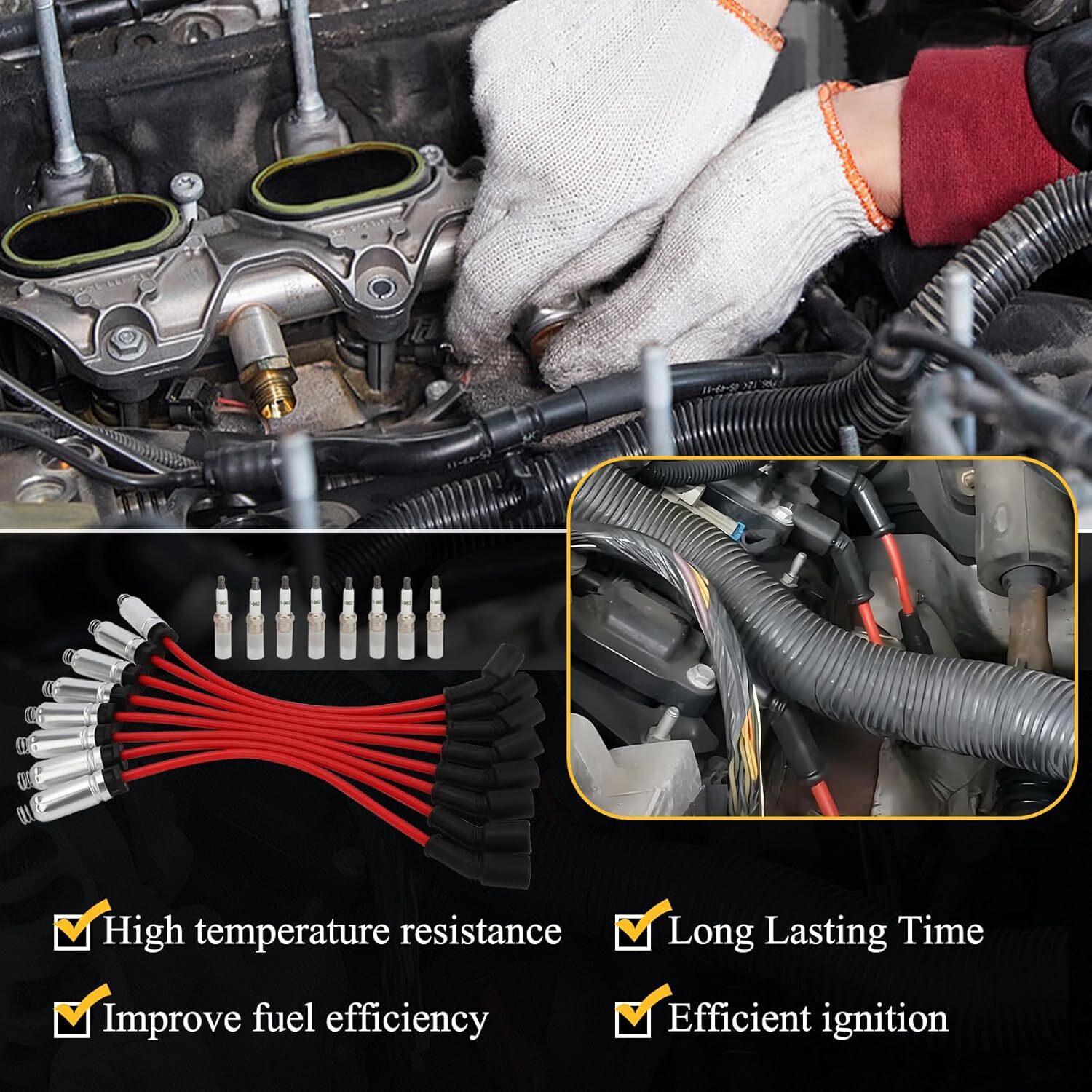 41-110 Iridium Spark Plugs & 9478RR 48322 Spark Plug Wires for 5.3 6.0L 6.2L