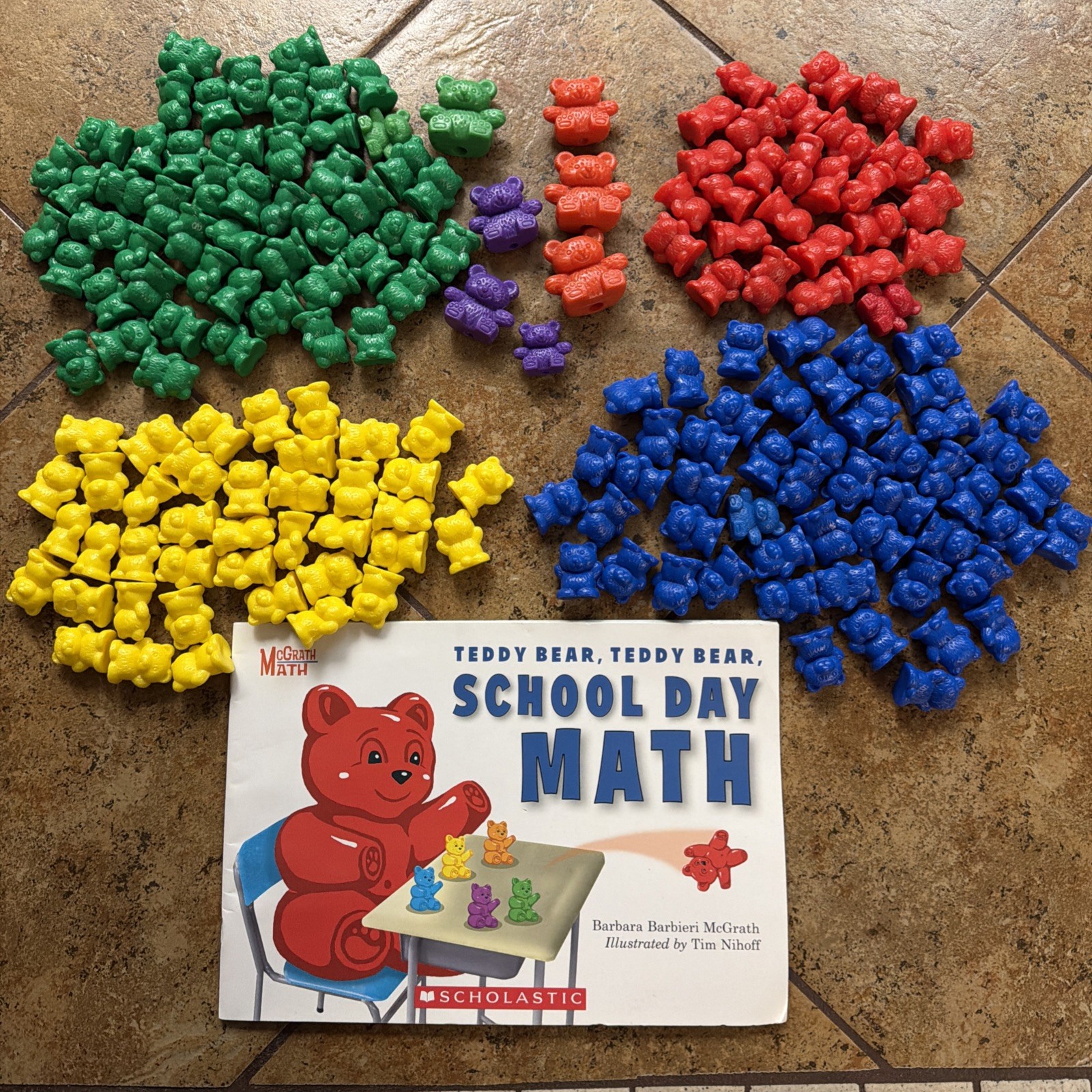 Plastic Teddy Bear Counters Red Yellow Blue Green Purple Lot Of 177 and Book