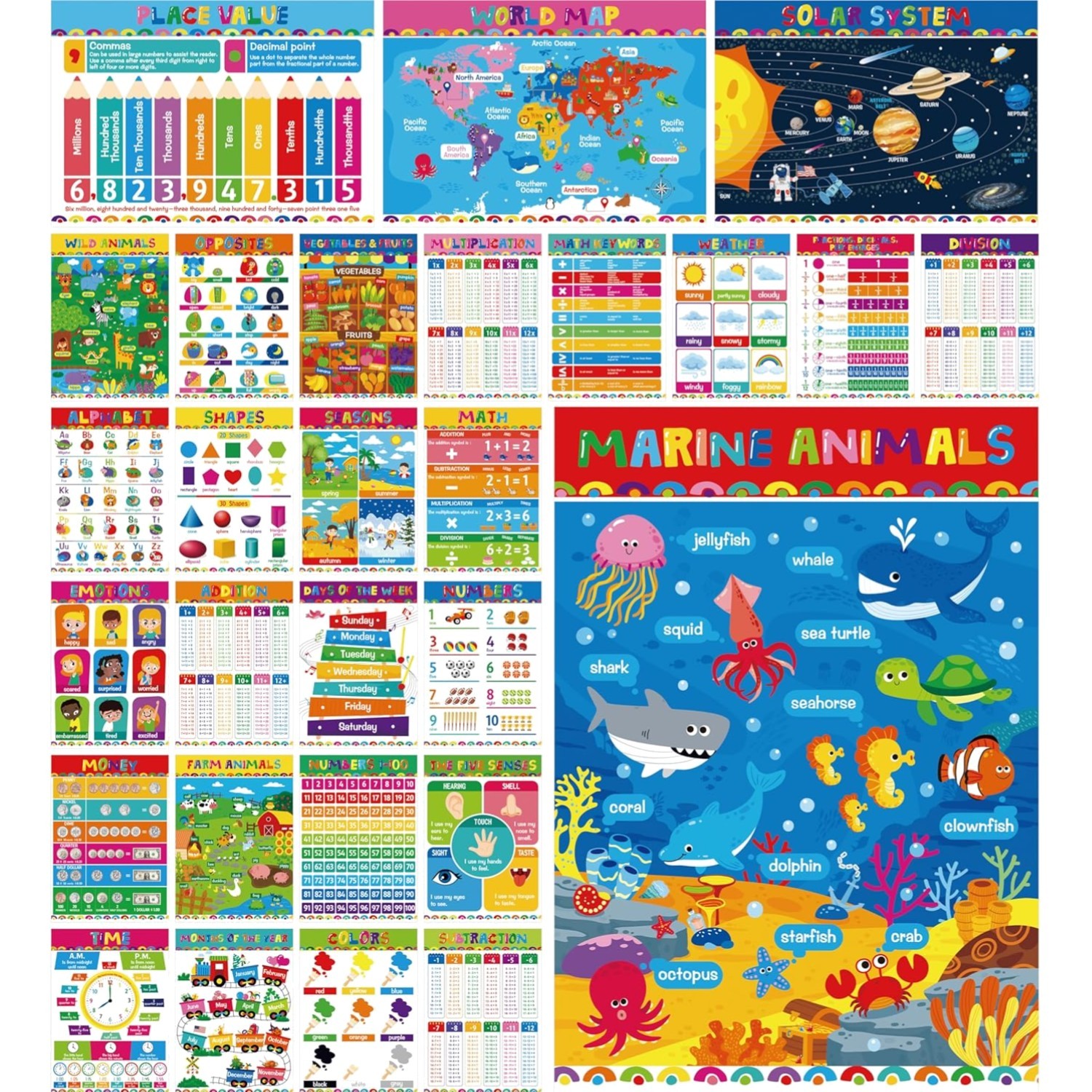 28 Educational Posters Set, Alphabet, Animals, Multiplication Chart, World Map