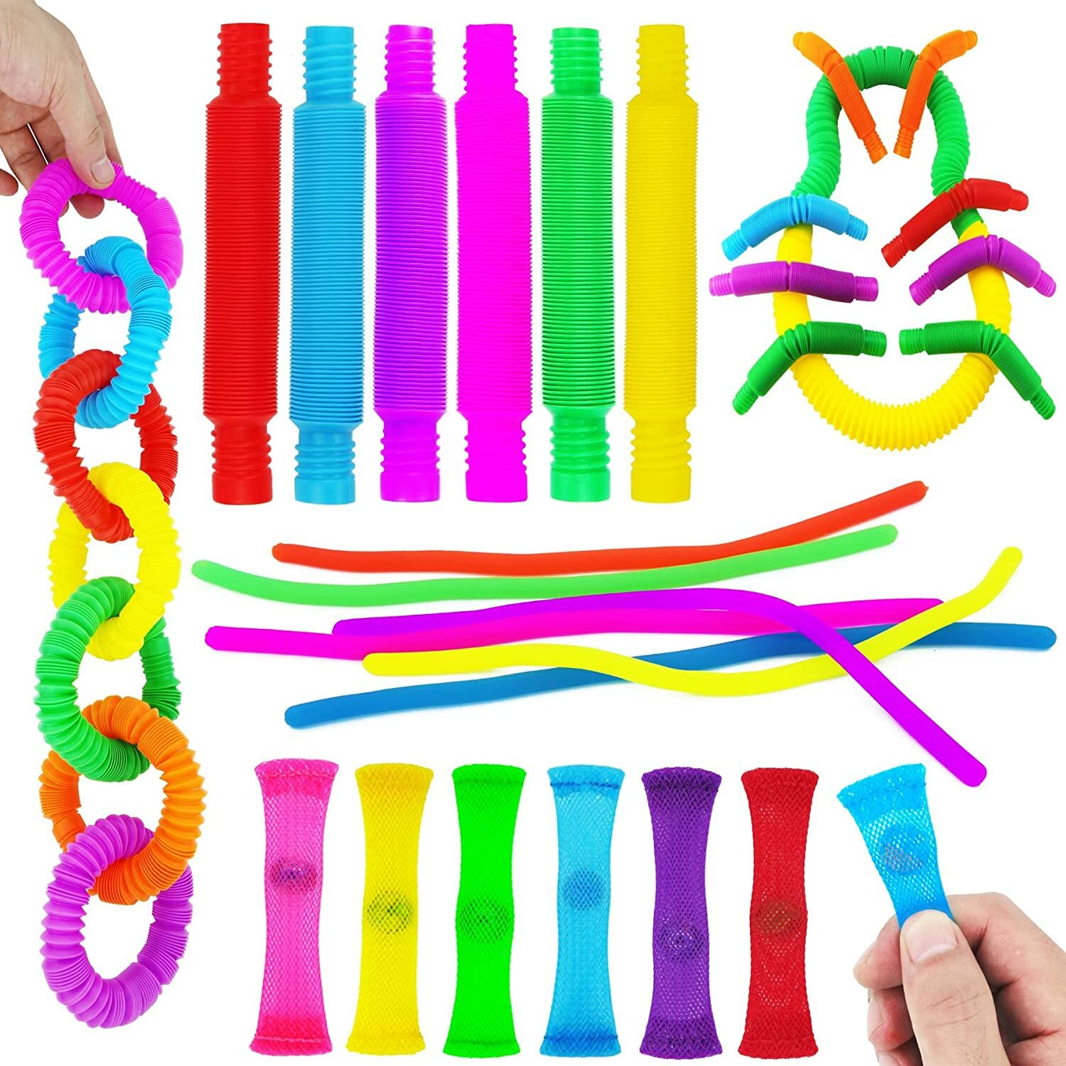 18 pcs Pop Tubes Sensory Fidget Toy for Kids Stress Anxiety Relief Toy Fidget Se