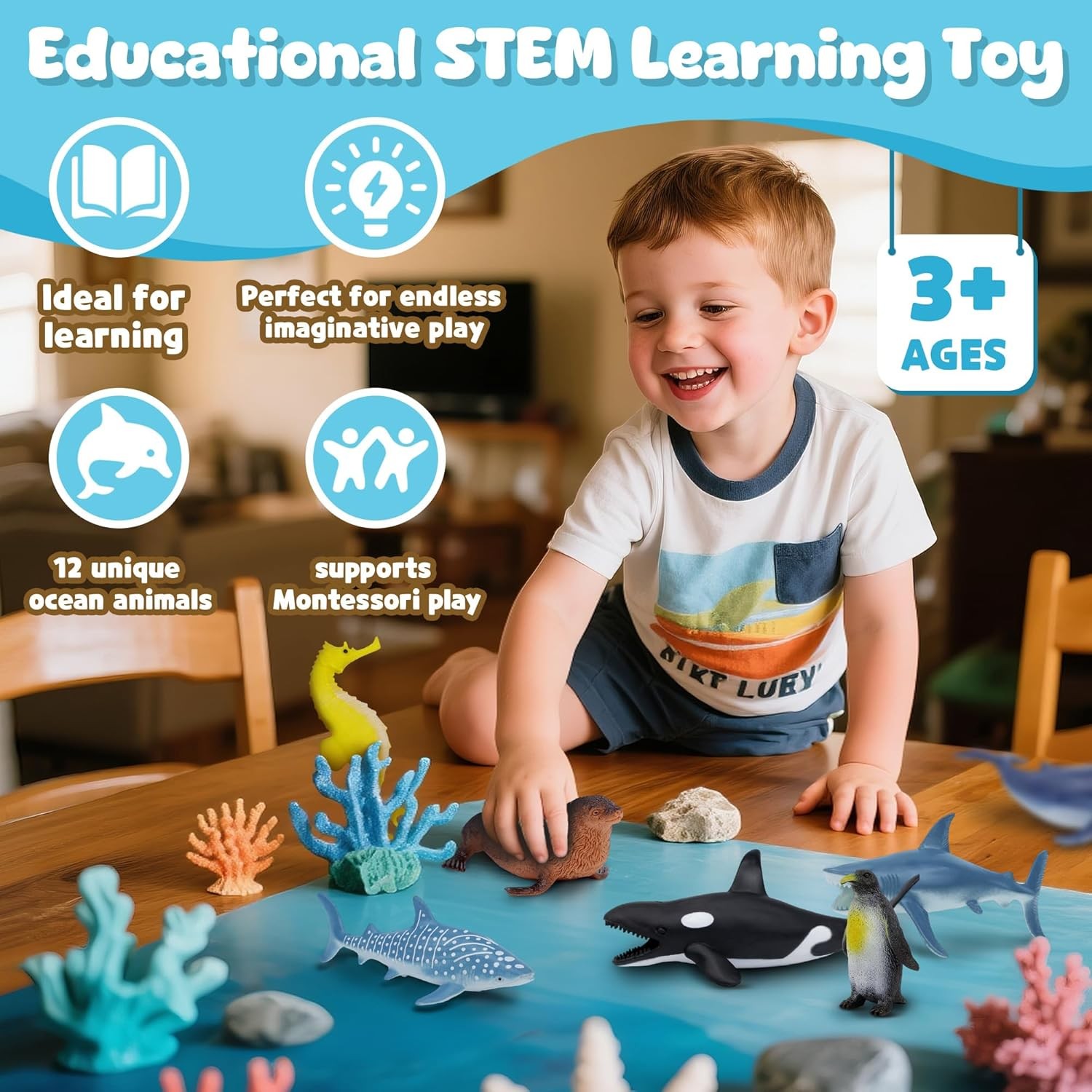 Ocean Sea Life Toy Figures Set for Kids, 12 PCS Realistic Marine Animals with Sh