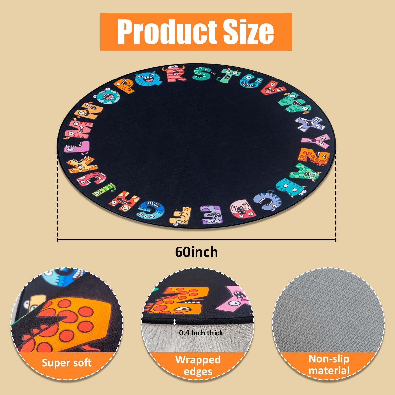 ABC Alphabet Rug for Kids, Classroom Playmat 5ft Non-Slip Circle Rugs for pla…