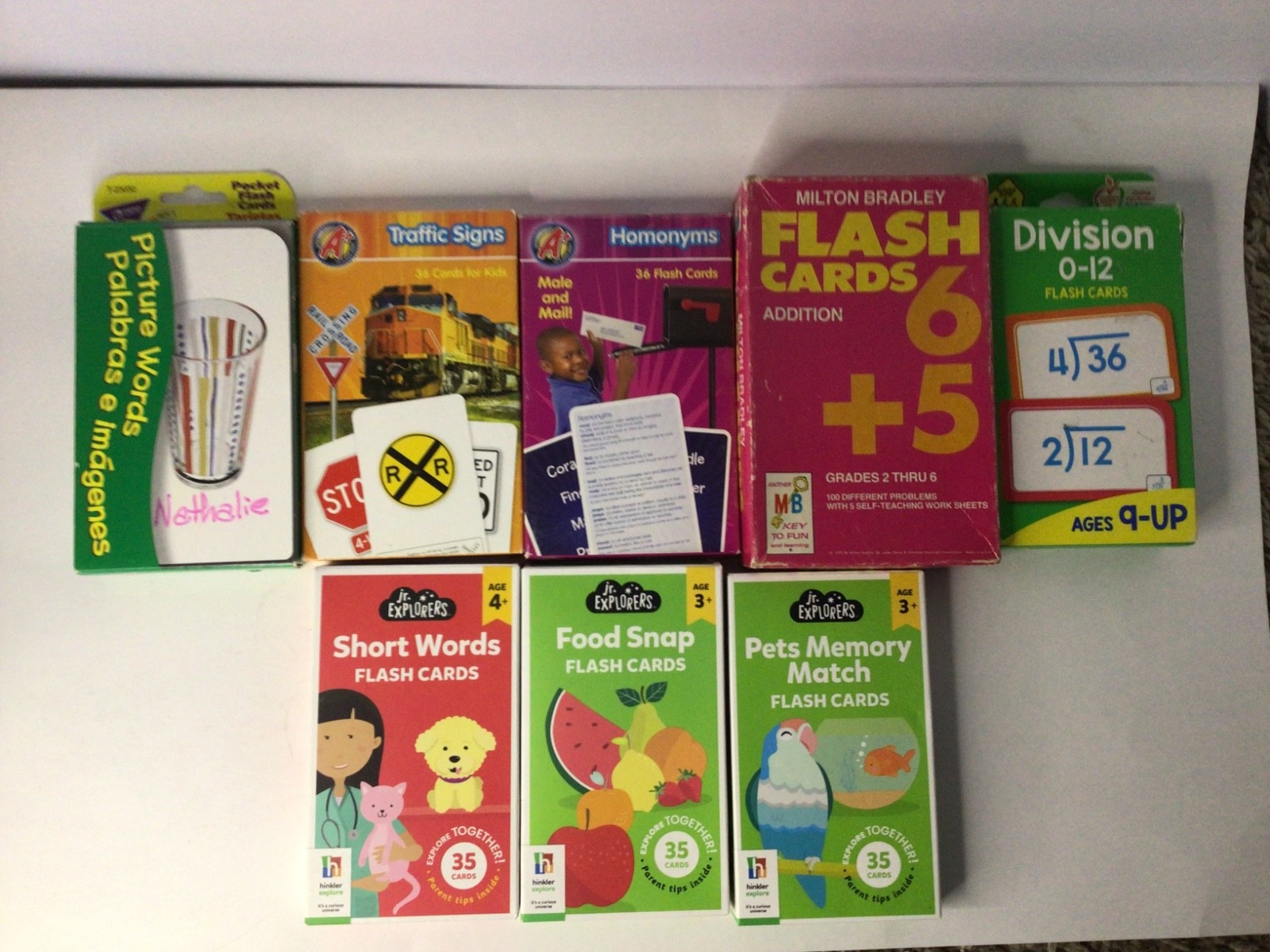 Lot of 7 Flash Card Packs Addition, Division, Words, Signs, Memory Match, Food
