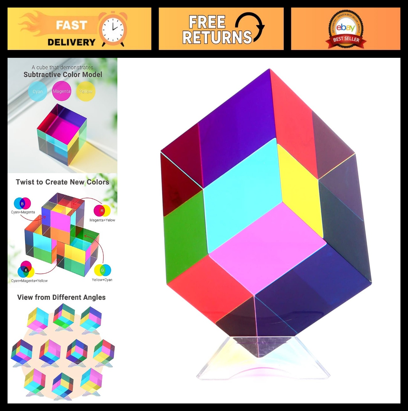 Color Cube Acrylic Prism 2.4″ with Stand – Cyan Magenta Yellow – Desk Decor & Co