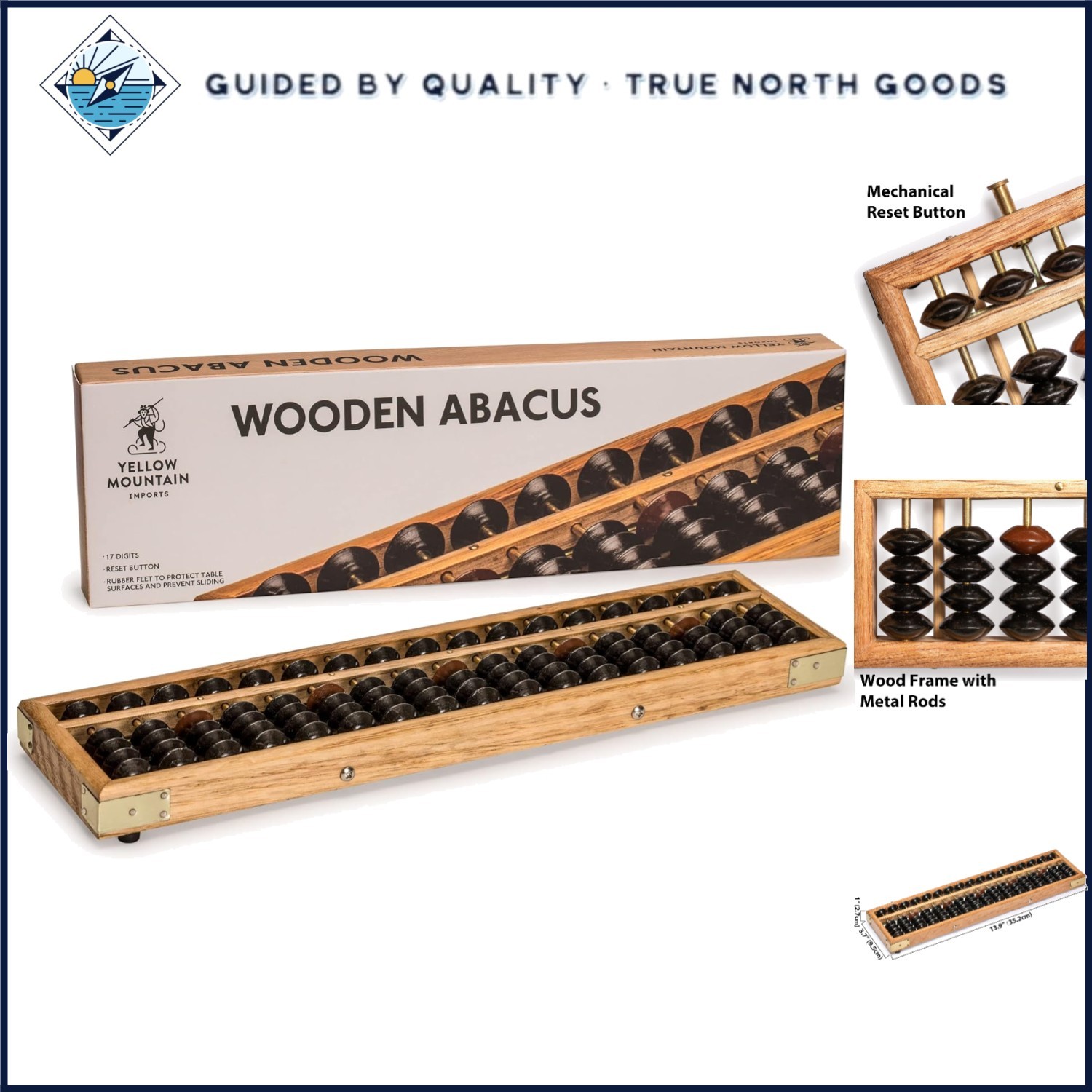 Vintage Style Soroban Calculator, 13.9 Inch Wooden Abacus with Reset Button