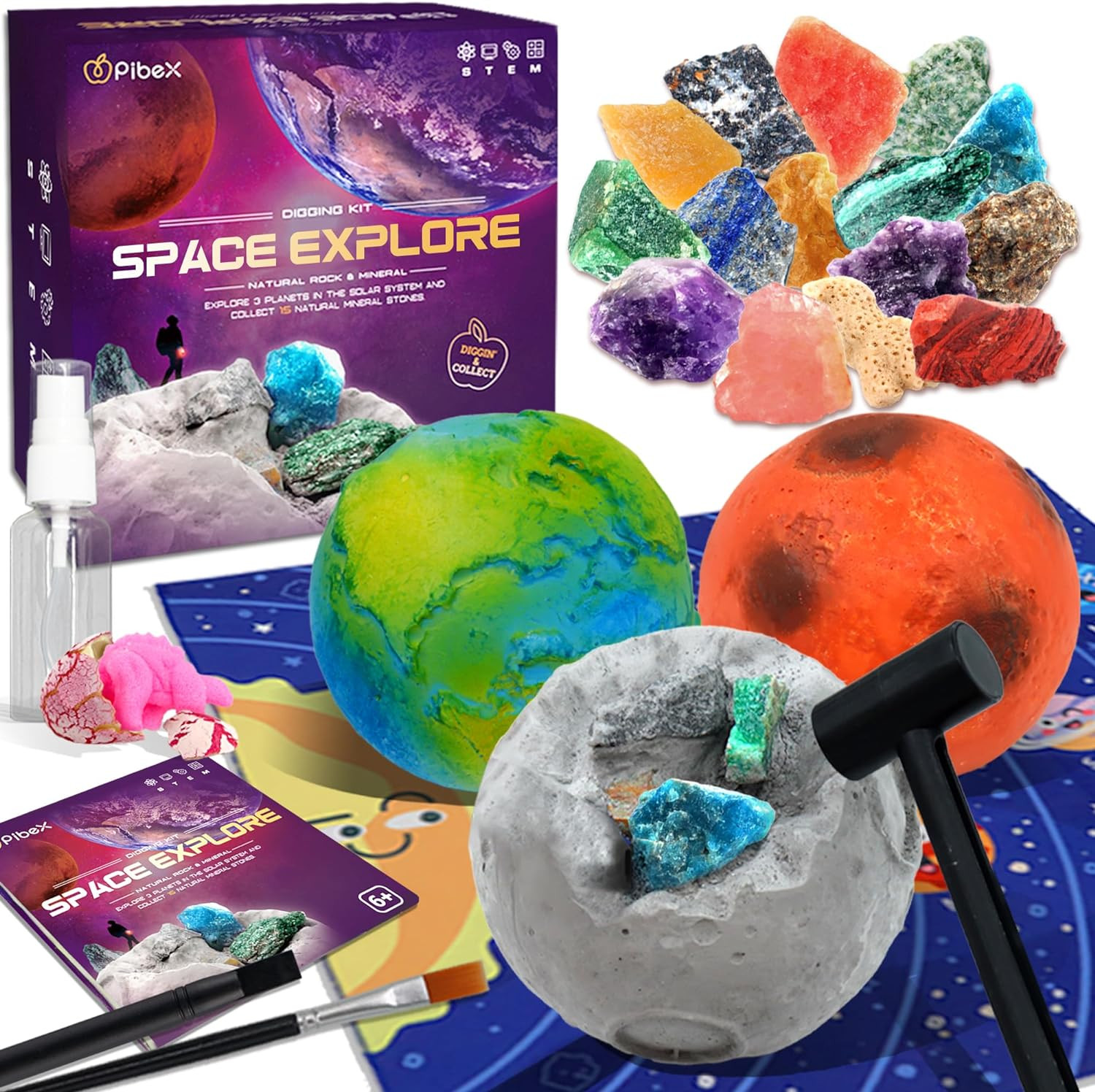 3-in-1 Gemstone Dig Kit – Excavating Set Dig Up 15 Real Rocks Minerals Crystals