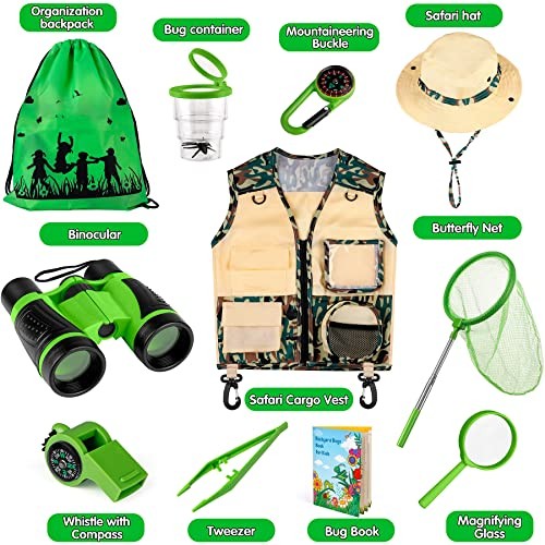 Kids Explorer Kit & Bug Catcher Kit & Safari Costume Kit, Camouflage Green