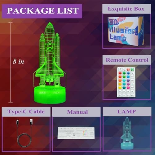 Night Light Gifts, Rocket 3D Illusion Lamp with 16 Colors Space Shuttle