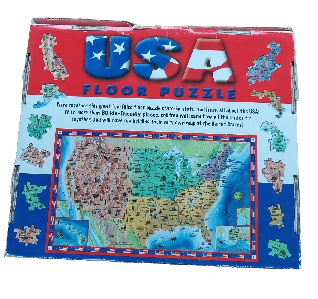 USA Floor Puzzle State Map, 60 pieces Complete, 22.5″ × 36″ Ages 3-5