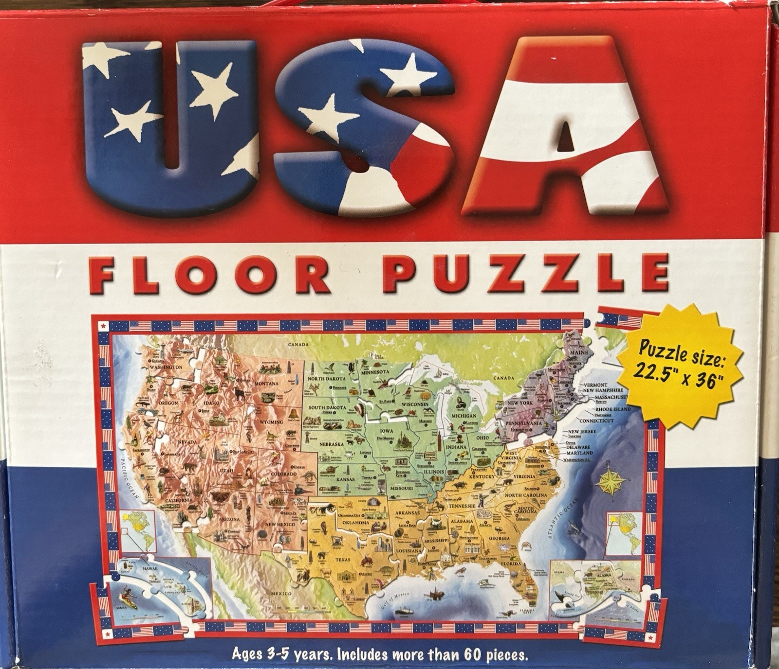 USA Floor Puzzle State Map, 60 pieces Complete 22.5″x36″ Ages 3+With Storage Box