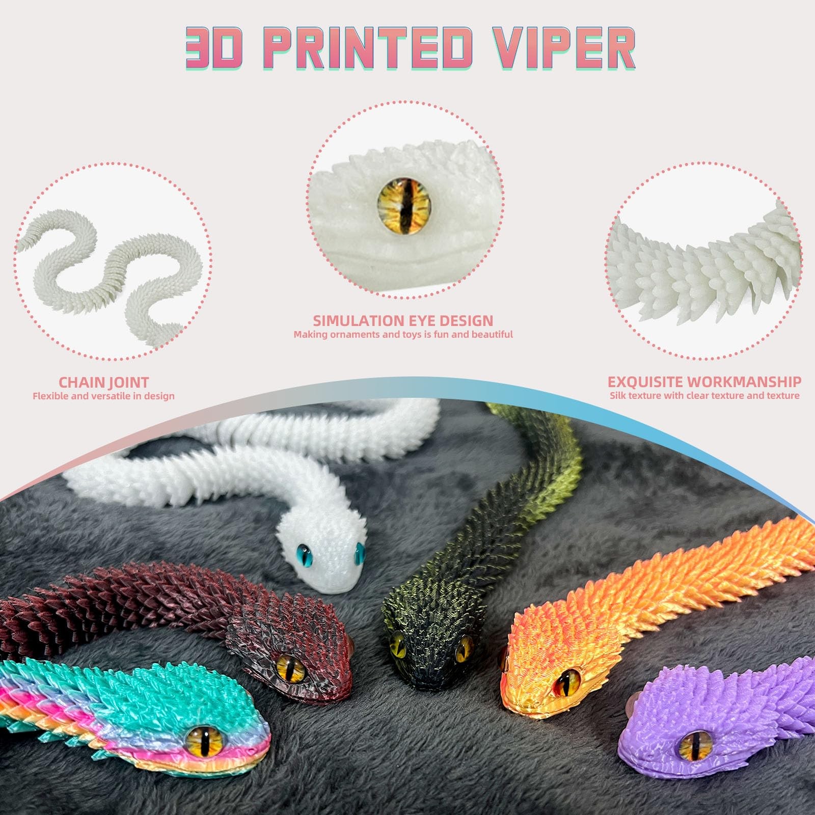 3D Printed Animals-Snake Viper,3D Printed Snake Toys Articulated Snake 3D Pri…