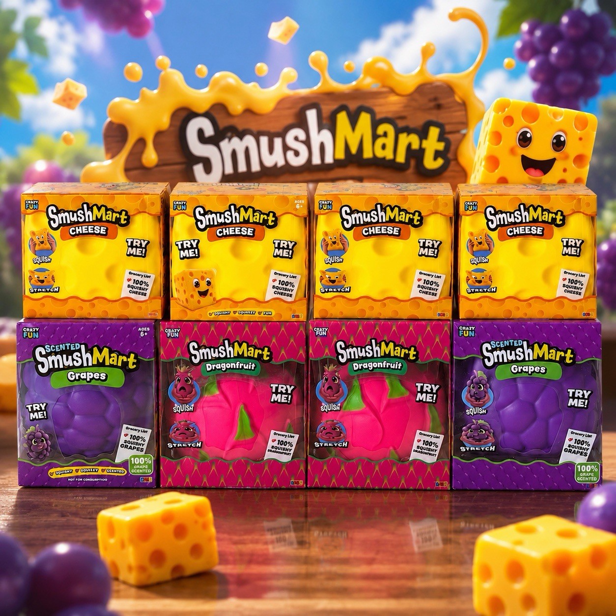 LOT OF 8 Crazy Fun SmushMart Dragonfruit Cheese And Grape Squishy Squeeze
