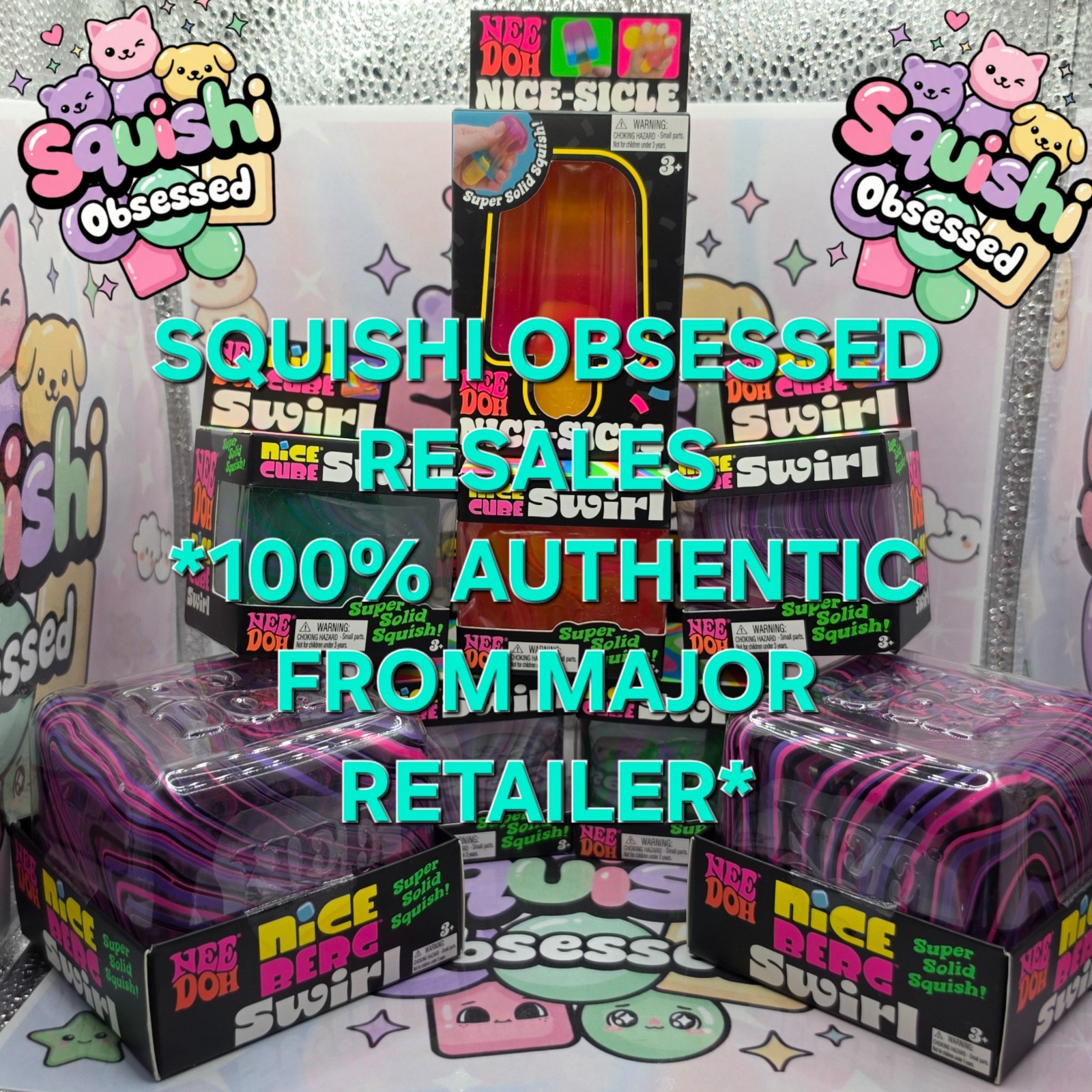 100% Authentic Schylling NeeDoh Nice Berg Swirl – Black/Pink/Purple 1pc