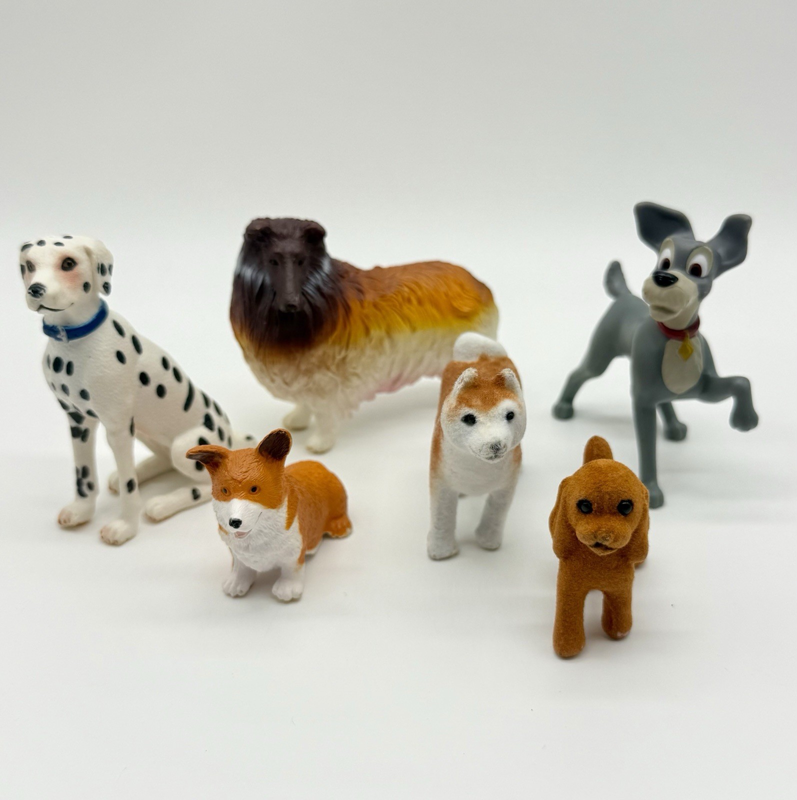 Miniature Dog Lot Toy Figures Flocked Shiba Inu Dalmation Corgi Collie Disney