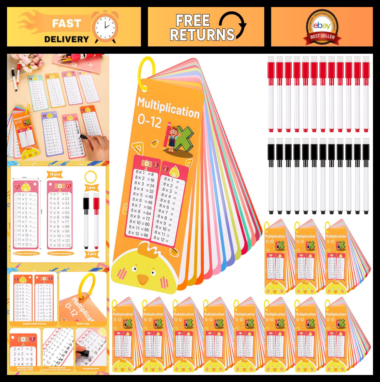 15-Piece Multiplication Flash Cards Set 0-12 + Dry Erase Pens & Rings – Fun Math