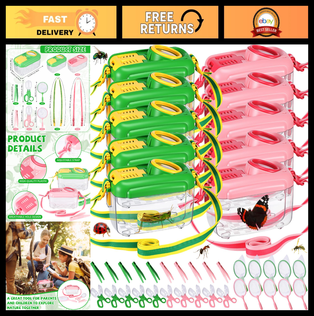 10 Sets Insect Catching Kit for Kids – Bug Catcher Box, Butterfly Net & Tweezers