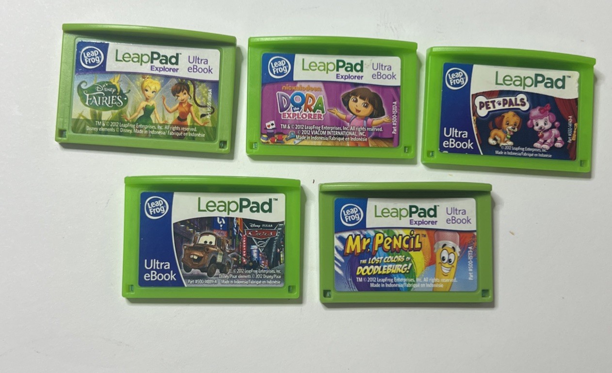 Lot of 5 Leap Frog LeapPad Learning Games Mr Pencil Dora Pet Pals Cars Fairies