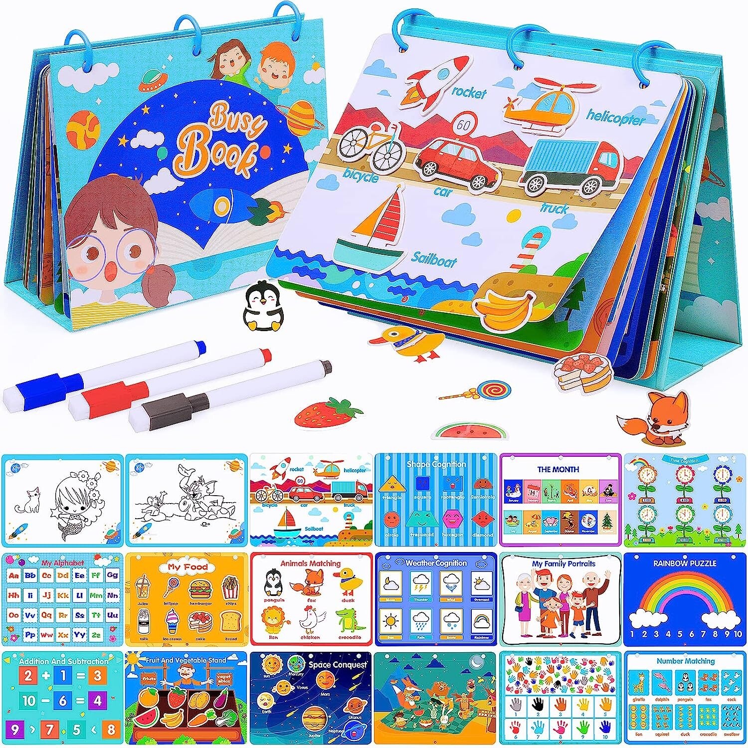 Busy Book for Kids, Preschool Workbook Activity Binder, 17 Themes with 3 Markers
