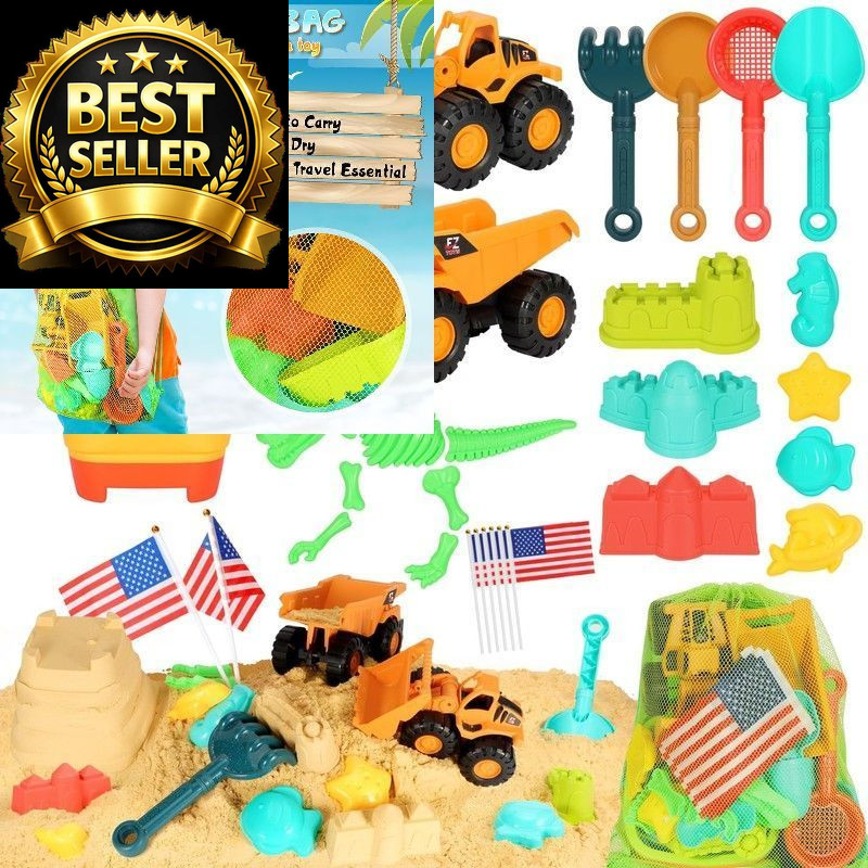 HUITEM Beach Sand Toys for Kids, 29PCS Sandbox with 2 Medium, Bright