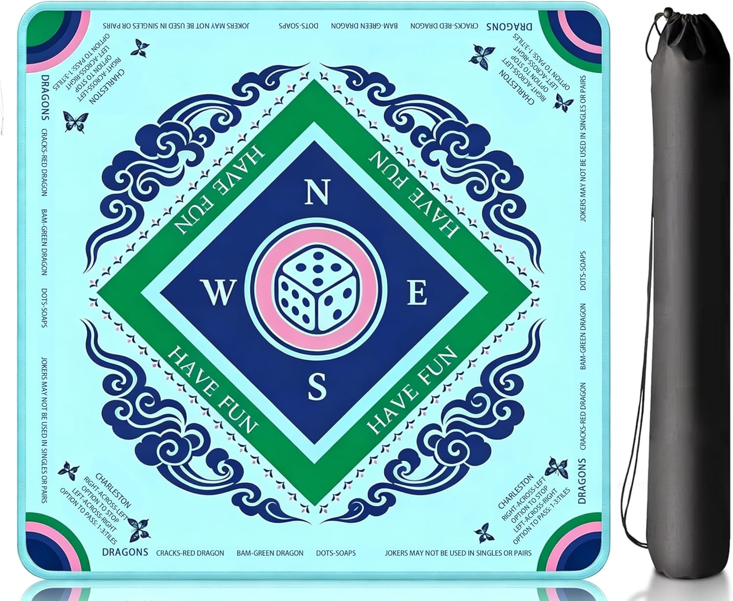 Mahjong Mat with Dice Pattern and Deep Blue Floral Border, 31.5 x 31.5 Inches Sq