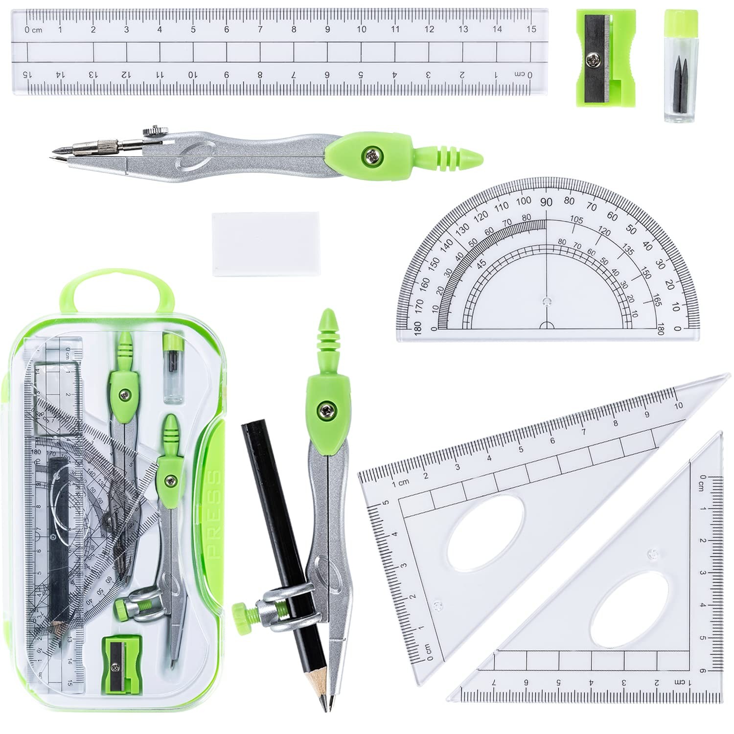 10 Pieces Math Geometry Kit Set with Shatterproof Storage Box, Student Green