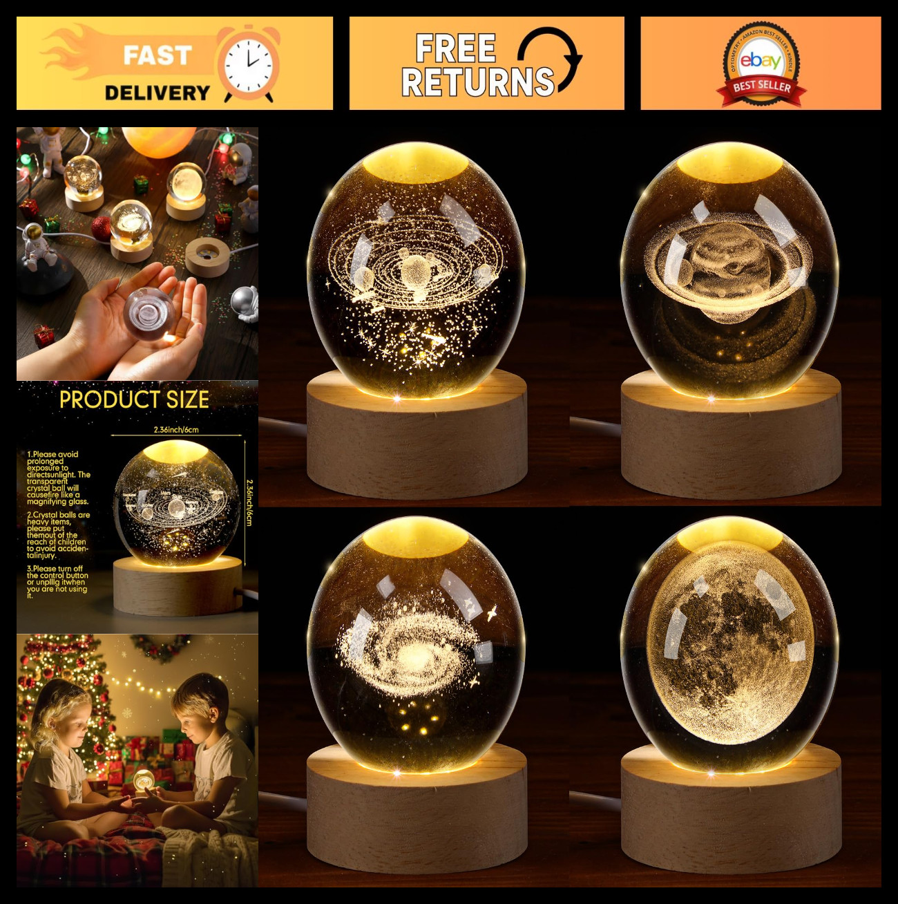 4 Pcs 3D Solar System Crystal Balls – 2.4″ Universe Decor with LED Base, Astrono