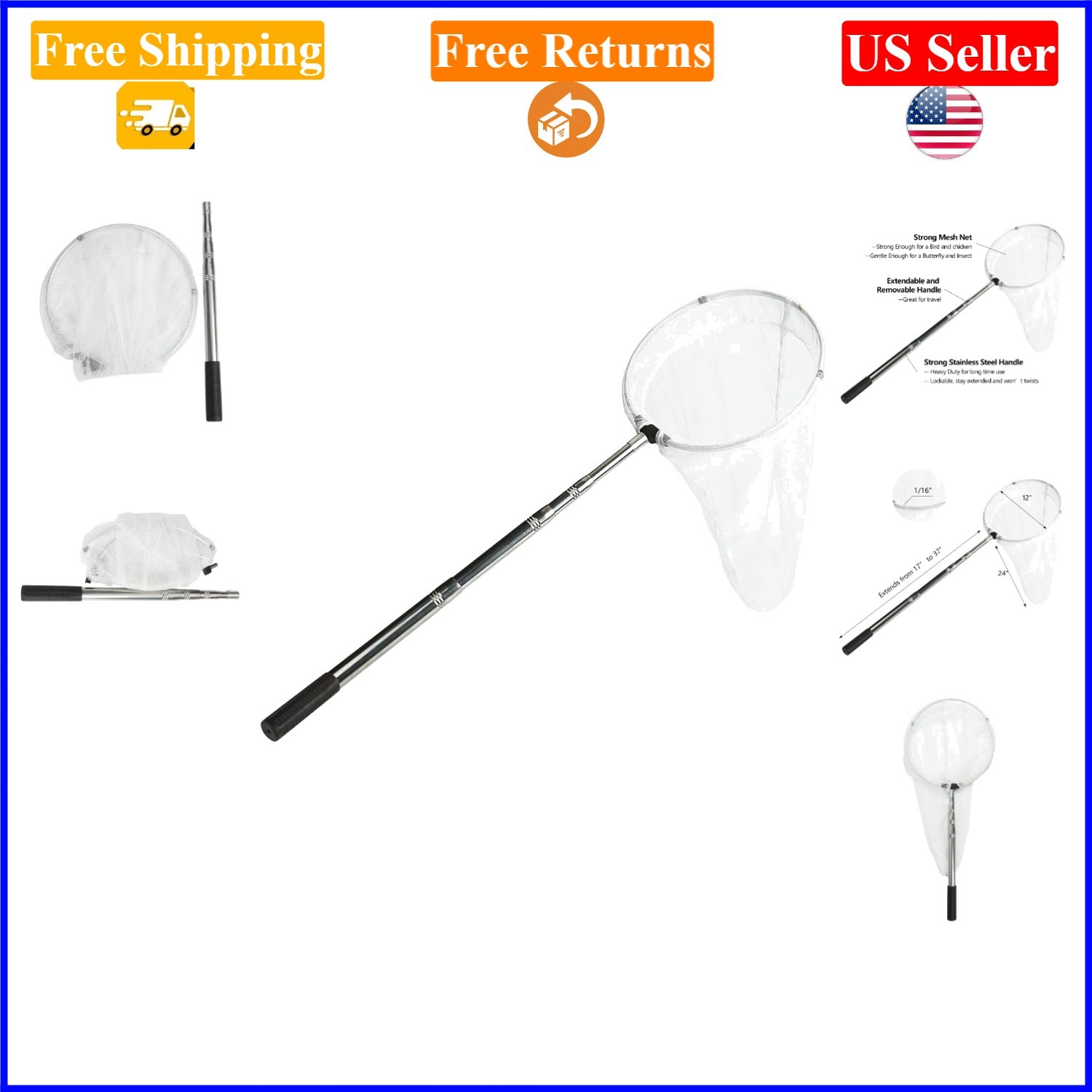 12″ Insect & Butterfly Net with Telescopic Handle, Foldable & Durable