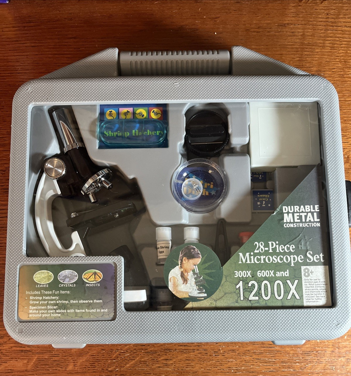 Kids 28 Piece Metal Microscope Set 300X 600X 1200X w/Slides & Case STEM Kit