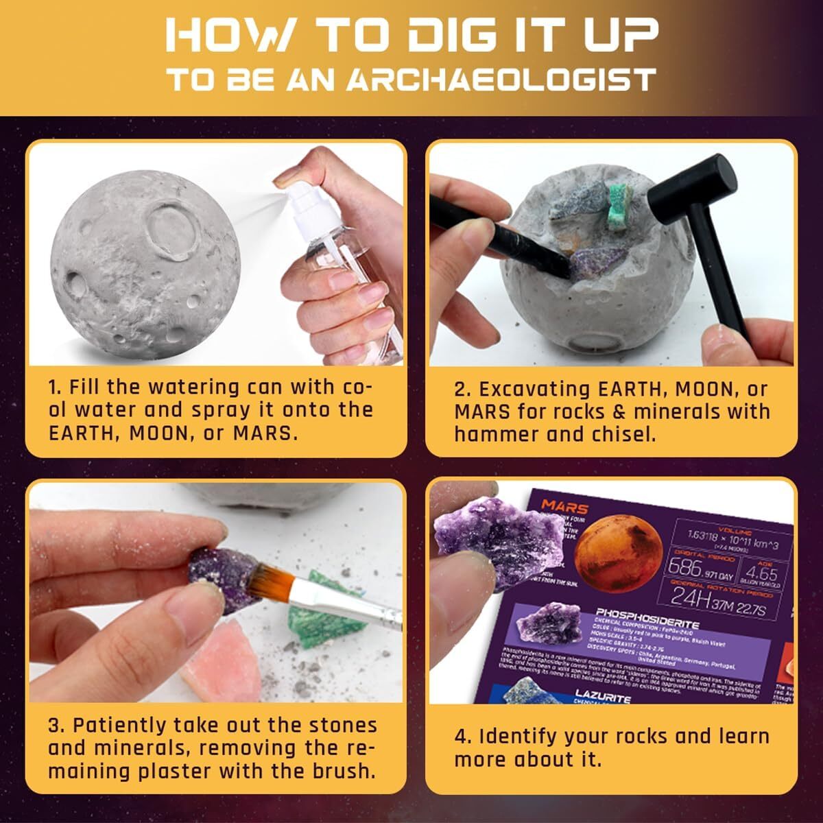 3-in-1 Gemstone Dig Kit – Excavating Set Dig Up 15 Real Rocks Minerals Crystals