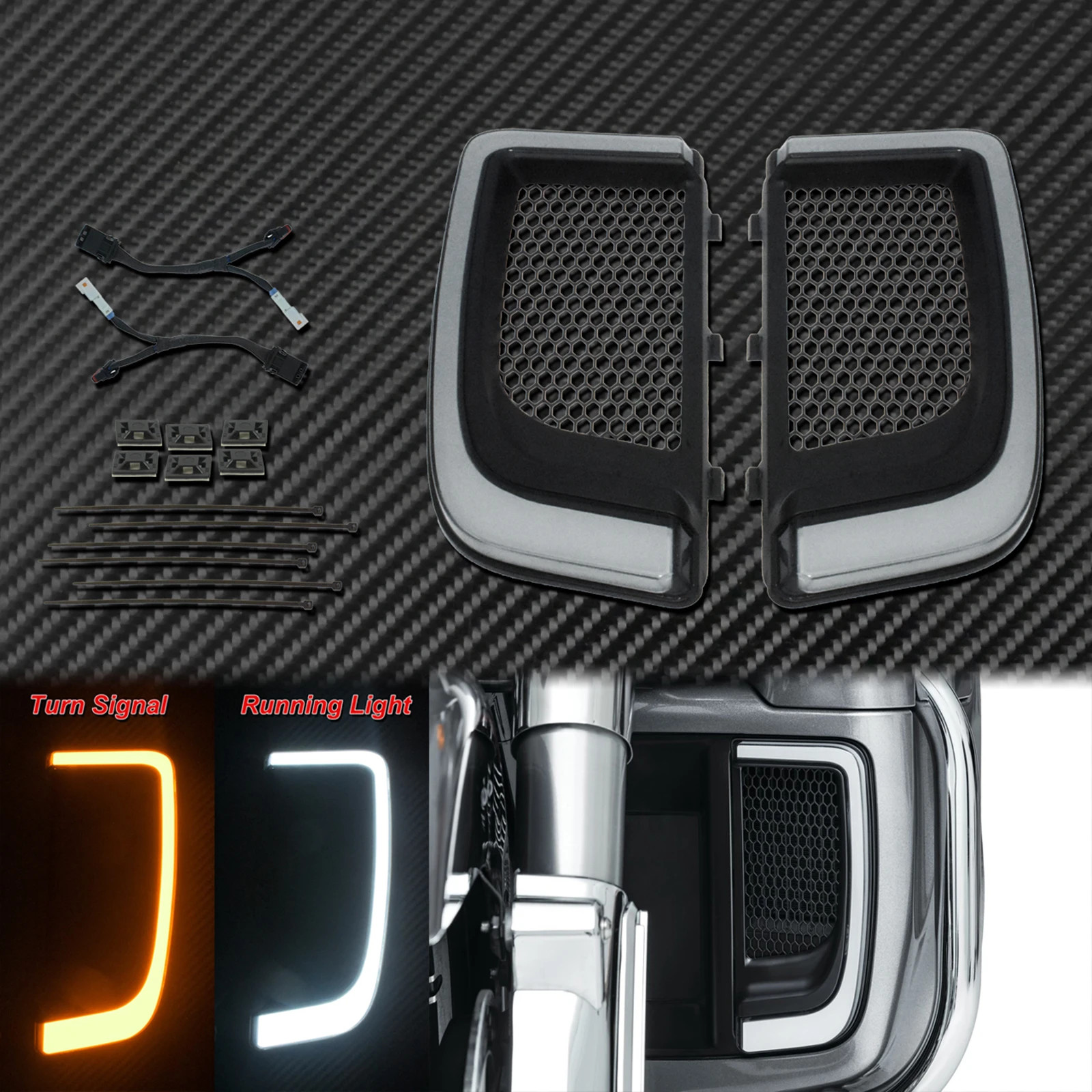 Motorcycle LED Turn Signal Light Fairing Lower Grills Black For Harley Touring
