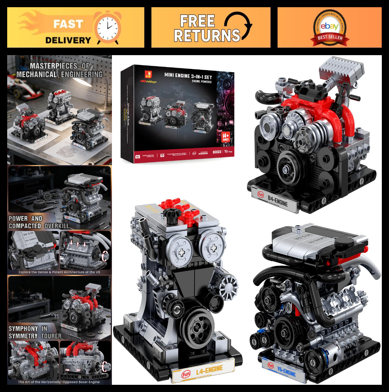 3-in-1 STEM Mechanical Car Engine Model Kit, DIY Building Blocks for Adults & Te