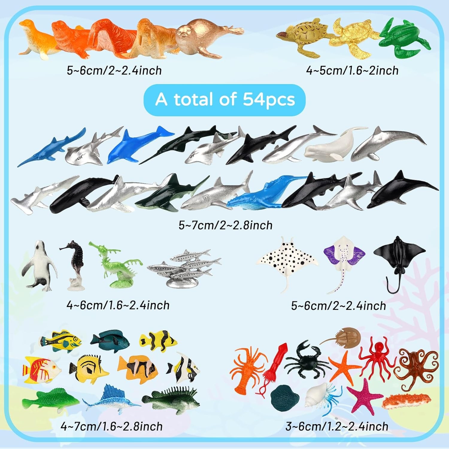 54 Pack Assorted Mini Vinyl Plastic Ocean Sea Animal Figures Toy Set, Realistic