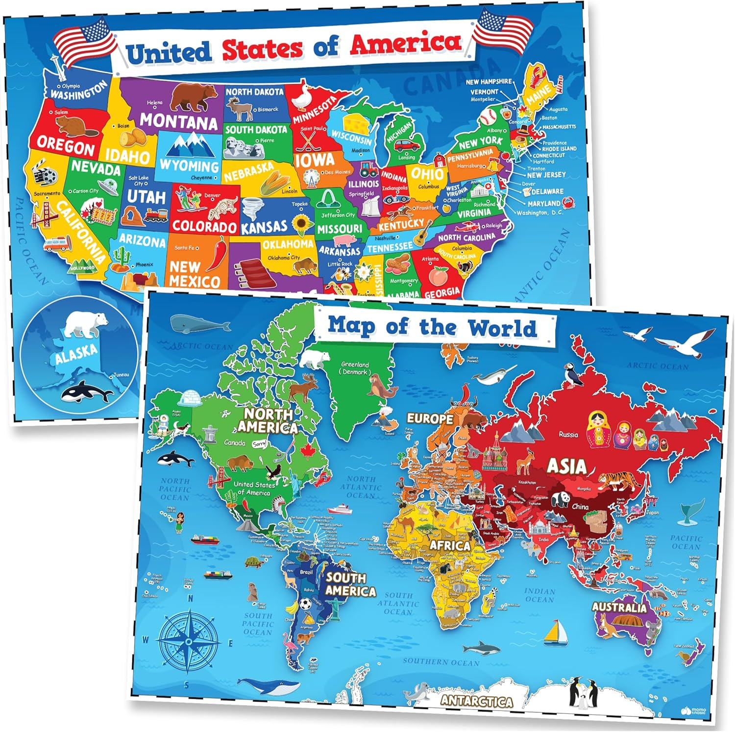 United States Map For Kids & World Maps For Kids 2pc Set – 24” x 16” Waterproof