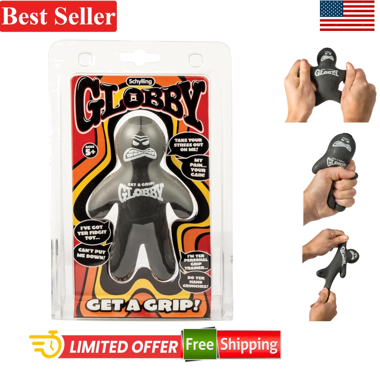 Stress Relief Fidget Toy Globby Hand-Powered Plastic Black 8×5.25×1.5 Inches