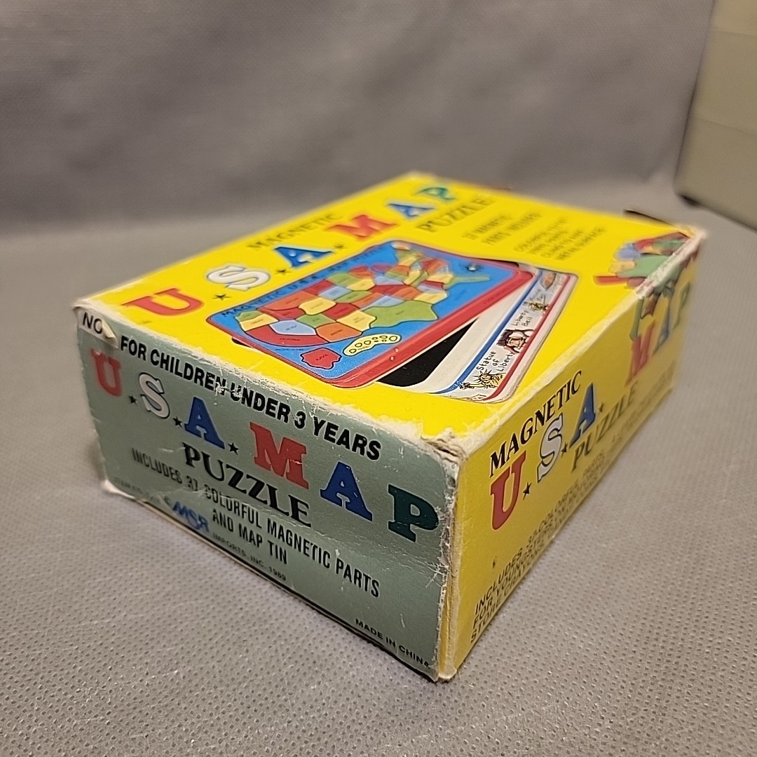 USA Magnetic Map Puzzle 37 Vinyl Magnetic Parts with Metal Tin MSR Imports 1989